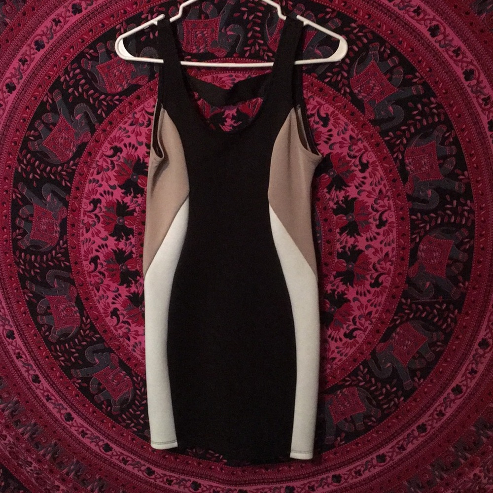 Black tan and white mini dress
